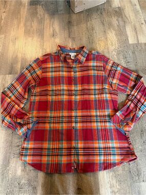 Dickies Red Plaid Button-Down Shirt with Teal & Orange Accents